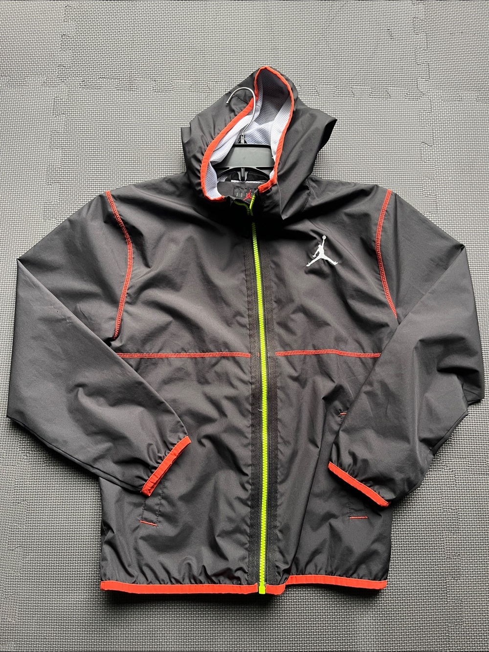 Jordan Black Windbreaker Jacket with Red Trim and Neon Green Zipper